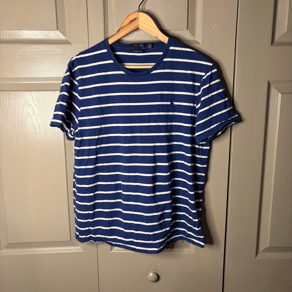Polo Ralph Lauren Mens Blue Striped Custom Slim Fit T-Shirt Size L Crew Neck
